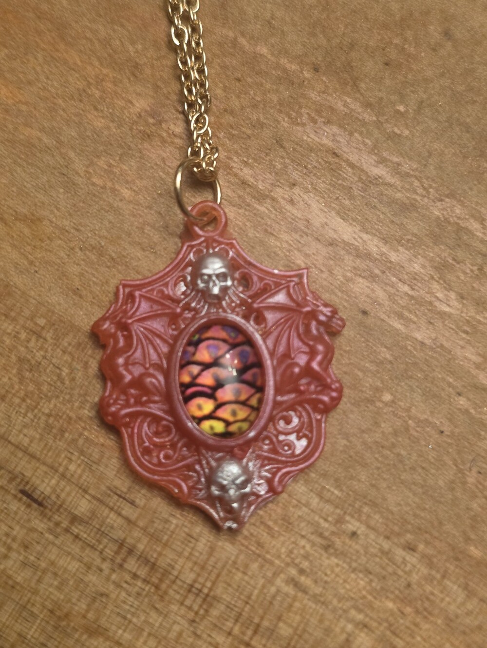 Red Goth Resin Skeleton Frame With Glass Accent Cabochon Pendant & Silver Chain